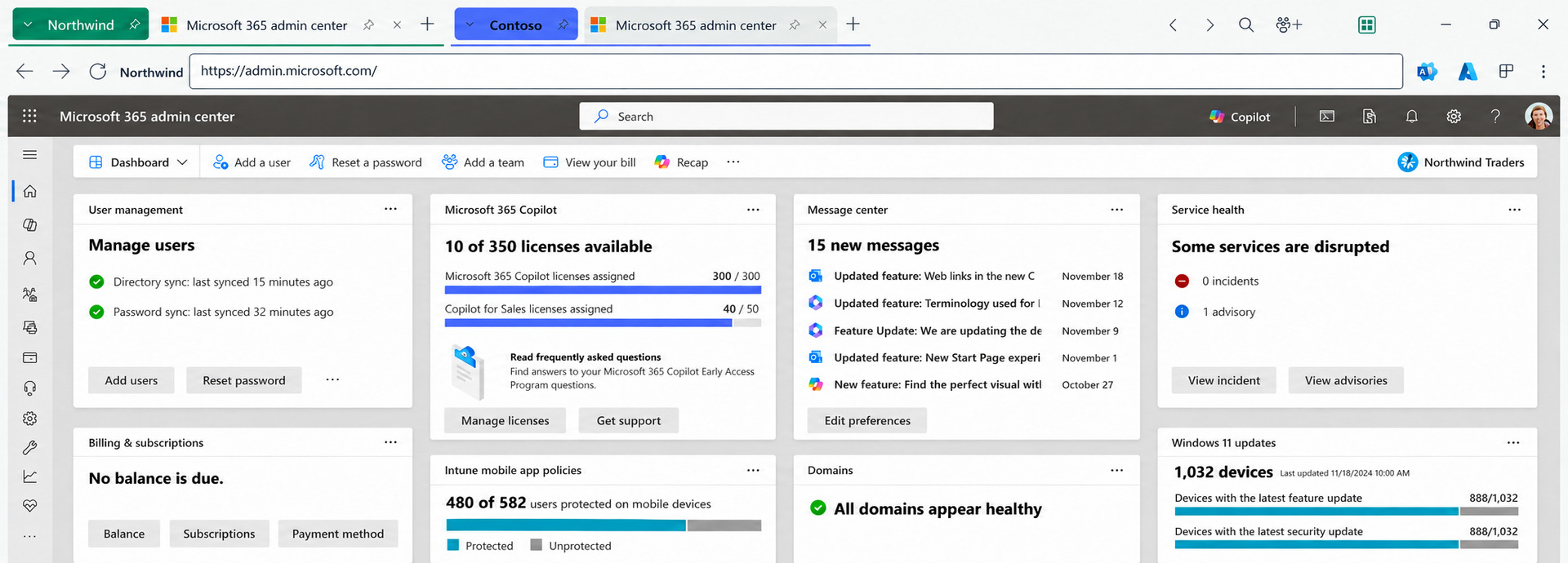 Tenant Pane Windows app with Northwind and Contoso workspaces and an example Microsoft 365 admin dashboard.